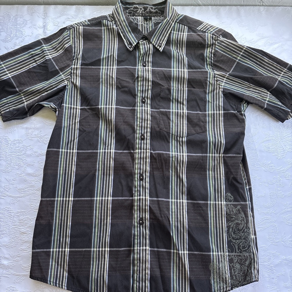 VTG Y2K Rusty Plaid Button Up Shirt Men's M Surf Skater Grunge Logo 00's 90s